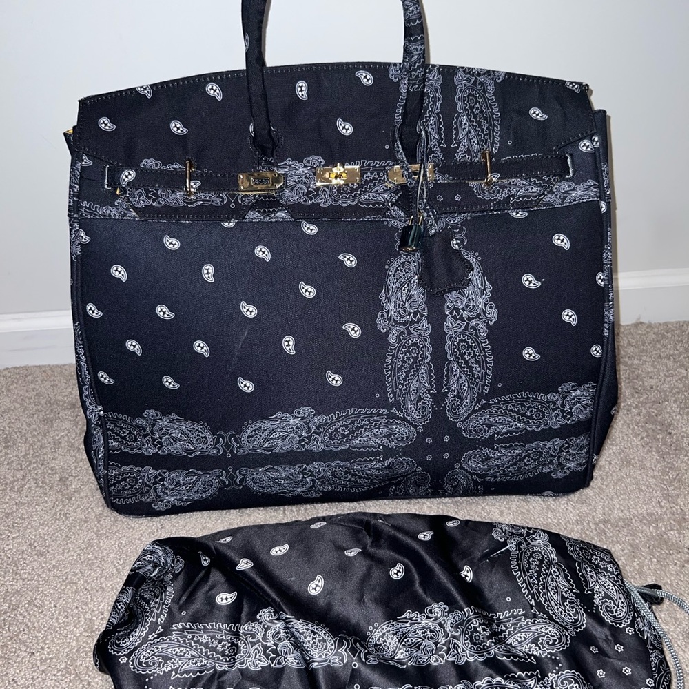 MNML Navy Blue and White Paisley Tote with Gold Accents